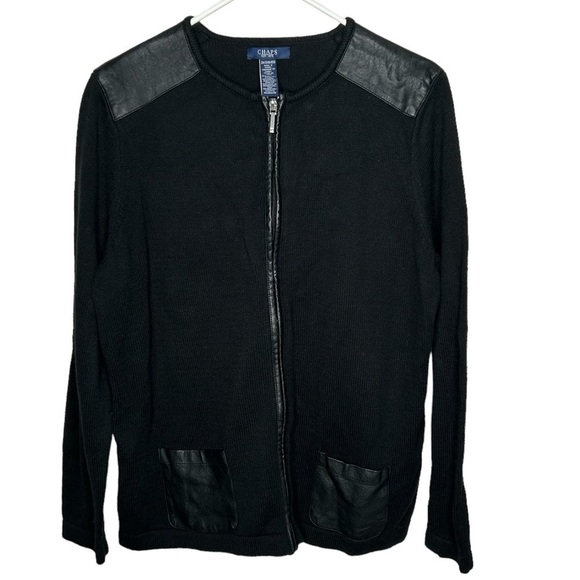 Chaps Black Stretch Faux-Leather Trim Zip Cardigan Sweater 2X Runs Smaller - Picture 1 of 3